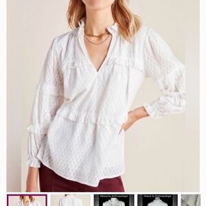 Anthropologie White Ruffled long sleeve Blouse